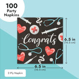 100-Pack Nurse Graduation Decorations Cocktail Napkins - 6.5In X 6.5In Folded, 13In X 13In Unfolded 2-Ply Black - Absorbent Medical Napkins For Rn Party Decor