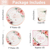 100 Pcs Floral Paper Plates, Bridal Shower Paper Plates And Cups And Napkins Sets Party Supplies For Wedding Bridal Shower Engagement, Serve For 25 Guests