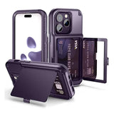 Compatible With Iphone 14 Pro For Women, Men Defender Credit Card Holder Cover With Hidden Mirror, Three Layer Shockproof Heavy Duty Protection Case For Iphone 14 Pro 6.1'' Deep Purple