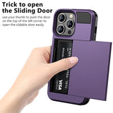 For Iphone 13 Pro Case Wallet Credit Card Holder Id Slot Sliding Door Hidden Pocket Men Women Anti-Scratch Dual Layer Hybrid Bumper Armor Protective Shell Back Cover 6.1 Inch Greypurple