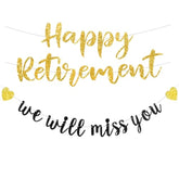 Pre-Strung Happy Retirement Banner, Black & Gold Glitter for Farewell Party Decorations