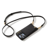 Bandolier Emma Crossbody Wallet Phone Case for iPhone 16 Pro. 100% Genuine Pebble Leather. Adjustable & Removable Crossbody Strap. Card Holder with Snap Closure. Black with Gold Hardware