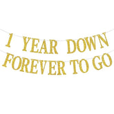1 Year Down Forever To Go Banner, 1 Year Of Marriage Gift, Happy 1St Wedding Anniversary Party Decoration Supplies, Gold Glitter