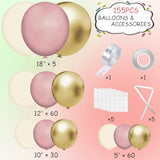 Pink White Gold Balloons Arch Kit, 155Pcs Dusty Pink Matte White Metallic Gold Balloon Garland For Birthday Bridal Baby Shower Wedding Confession Proposal Party Decorations