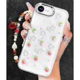 For Iphone 16E Case For Women Girls - Cute Clear Sparkly Girly Kawaii 3D Strawberry Design With Charm Strawberries Wrist Chain Phone Cover Aesthetic Pretty Teens For Iphone 16 E Cases 6.1 Inch