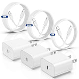 3-Pack 20W USB-C Fast Charger with 3+6+10ft Cables for iPhone & iPad