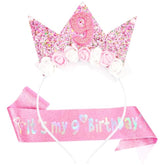9Th Birthday Decorations For Girls, Birthday Girl Headband & Glitter Sash Set For 9 Year Old Girl Birthday Decorations, Birthday Flower Princess Crown Headband For Happy 9Th Birthday Girl Outfit
