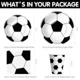 Soccer birthday party set with tableware, banner, and cutlery for 24 guests