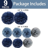 9-Pack Navy Dusty Blue Gray Tissue Paper Pom Poms Hanging Flowers