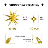 Gold Star Foil Balloons Kit - 6 Pack 12 Point Starburst Cone And Spike Balloons With 10Pcs Four Pointed Stars For Wedding, Baby Shower, Photo Booth, Birthday Party Supplies