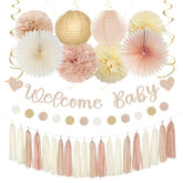 36 Pcs Champagne-Gold Baby Shower Kit Lanterns, Garland, Pom Poms & Banner