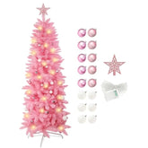 Pink Skinny Pencil Christmas Tree, 6Ft Artificial Slim Thin Christmas Tree With Warm Led Lights String 8 Lighting Modes And Christmas Ball Onaments