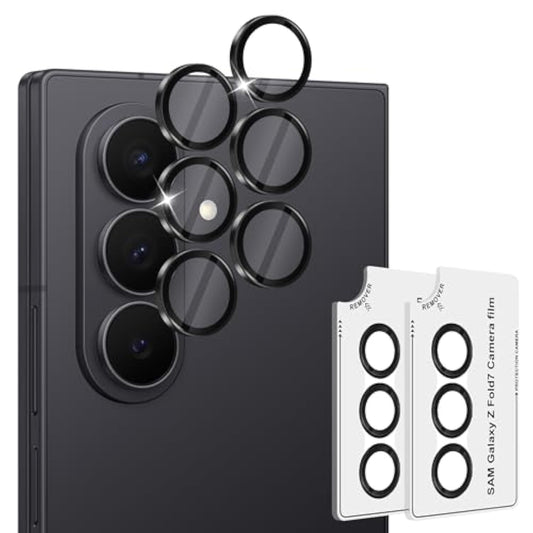 (2 Sets) Camera Lens Protector Compatible For Samsung Galaxy Z Fold 7, Protector De Cámera One-Step Installation Tray Individual Alloy Metal Ring Glass Case Friendly - Black