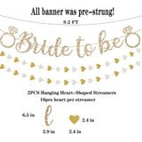 Pre-Strung Bride To Be Banner,Gold Glitter Banner Sign With 2Pcs Heart Streamers Garland For Bachelorette Party Decorations, Bridal Shower Wedding Engagement Hen Party Decorations Supplies