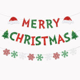 Merry Christmas Banner - Red & Green Glittery Christmas Bunting Garland With Snowflakes For Indoor Room Decoration