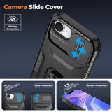 Case For Iphone 16E With Slide Camera Cover+Screen Protector(2 Packs), Military Grade Shockproof Protective Cover, Rotated Ring Kickstand(A - Black)