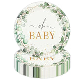 50 Pcs Eucalyptus Baby Shower Paper Plates, 7Inch Greenery Oh Baby Dessert Plate Party Supplies Disposable Tableware Sets For Boys Or Girls Gender Reveal Shower Party Decorations Favors