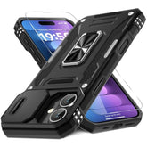 Case For Iphone 16 Plus With Slide Camera Cover+Screen Protector (1 Pack), Rotated Ring Kickstand Military Grade Shockproof Protective Cover-Black