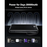 20000mAh Portable Power Bank with Built-In Cable PD QC 3.0 4-Out 2-In Black