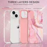 For Iphone 13 & Iphone 14 Case, Iphone 13/14 Marble Pattern Phone Case, 3 In 1 Full Body Protective Slim Hybrid Shockproof Soft Silicone + Hard Pc Rugged Heavy Duty Girls Women, Pink