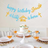 Glitter Happy Birthday Jesus Banner A King Is Born Bunting Banner,Holy Nativity Christian Christmas Jesus Birthday Party Decorations