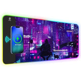 Rgb Mouse Pad With 15W Wireless Charging, Purple Anime Neon Extended Large Led Gaming Mouse Pad Non-Slip Rubber Base, 10 Light Modes Desk Pad For Home Office-Warrior Cat