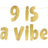 9 Is A Vibe Gold Glitter Banner - 9Th Birthday Decorations For Him Or Her - Party Supplies And Gifts