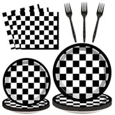 200 Pcs Checkered Flag Party Supplies Black And White Checkered Paper Plates Racing Car Party Plates Napkins Forks Disposable Black Plaid Tableware Set For Kids 50 Guests Birthday Decorations Supplies