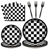 200 Pcs Checkered Flag Party Supplies Black And White Checkered Paper Plates Racing Car Party Plates Napkins Forks Disposable Black Plaid Tableware Set For Kids 50 Guests Birthday Decorations Supplies