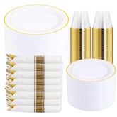 350Pcs Gold Plastic Dinnerware Set For 50 Guests, Fancy Disposable Plates For Party, Include: 50 Dinner Plates, 50 Dessert Plates, 50 Pre Rolled Napkins With Gold Silverware, 50 Cups