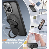 Magnetic For Iphone 15 Pro Case, Military Drop Protection, Compatible With Magsafe, Slim Translucent Matte Shockproof Protective Phone Case With 360° Spin Stand 6.1", Black