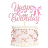 12Pcs Mini Pink Bow And Pearl Cake Toppers, 1 Pc Happy Birthday Sign,Coquette Cake Toppers For Pink Bow Birthday Decorations, Baby Shower, Bridal Shower, Graduation Party, Bachelorette Party