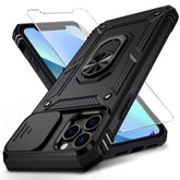 For Iphone 11 Pro Case With Camera Lens Cover Hd Screen Protector, 10 Ft Military Grade Drop Protection, Magnetic Ring Holder Kickstand Protective Phone Case For Iphone 11 Pro 5.8 Inch, Black