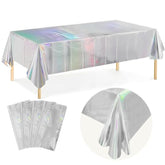 Iridescent Tablecloth Party Decorations 4 Pack, 54" X 108" Plastic Tablecloths Disposable For Birthday Disco, Silver Laser Rectangle Table Covers For Bachelorette Bridal Wedding Decor