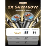 2-Pack 54W USB-C Car Charger, Fast Charging PD+QC3.0 for iPhone, Samsung, Pixel