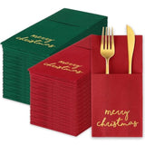 50Pcs Merry Christmas Linen Feel Napkin Gold Foil Disposable Airlaid Paper Napkin Red Green Prefolded Dinner Napkin With Built-In Flatware Pocket For Xmas Winter Party Supplies