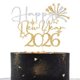 Happy New Year 2026 Cake Topper Gold Glitter Party Decorations