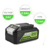 24V 6.5Ah Replacement For Greenworks 24V Battery 29842 29852 Bag708 Bag711 + 24V Battery Charger Compatible With Greenworks 24V Cordless Tools 20352 22232 2508302