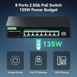 8 Port Poe+ Switch @135W, 8 X 2.5Gbase-T & 1 X 10Gb Sfp+, 2.5Gb Switch Managed For Home Lab, Vlan/Link Aggregation/Qos/Dhcp Client,Metal Housing,Fanless,With Rack Mounting Ears