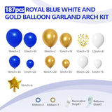 187Pcs Royal Blue And Gold Balloons Arch Garland Kit, 5 10 12 18Inch Royal Blue And Gold White Balloons With Gold Foil Balloons For Baby Shower Anniversary Wedding New Year Birthday Party Decorations