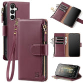 Compatible With Samsung Galaxy A16 5G Wallet Case With Card Holder,Pu Leather Phone Case Flip Protective Cover Wrist Strap Zipper Pocket Credit Card Slots Rfid Blocking Women Men,Wine Red