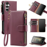 Compatible With Samsung Galaxy A16 5G Wallet Case With Card Holder,Pu Leather Phone Case Flip Protective Cover Wrist Strap Zipper Pocket Credit Card Slots Rfid Blocking Women Men,Wine Red