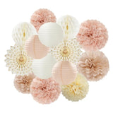 Champagne Gold Beige Peach Boho Streamers 14 Pcs Paper Honeycomb Lanterns Fans Decor