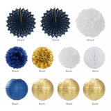 Navy Blue & Gold Birthday Decoration Set: Banner, Pom Poms, Lanterns - 21 Piece