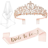 Bachelorette Party Decorations - 3Pcs Bridal Shower Decorations Include Bride To Be Crown Sash Veil For Women Bachelorette Hen Party Favors Accessories Wedding Decor Bridal Shower Gifts (Rose Gold)