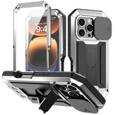 Rugged Metal Case For Iphone 16 Pro Max With Screen Protector, Kickstand, Camera Slide Cover, Full Body Cover, Military Grade Armor, Shockproof, Drop Tested, Outdoor (Silver)