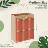 Ginkgo 100 Pcs Paper Gift Bags with Handles, Brown Paper Bags 8x4.25x10.25 Inch, Medium Size Bulk Kraft Bag for Party, Favor, Goodie, Grocery, Shopping