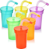 Plastic Kids Party Cups With Lids And Straws, 6Pack 12 Oz Neon Sipper Cups, Colorful Party Favor Cups For Birthday, Holiday, Events, Party Decoration Supplies