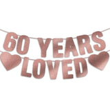 Pre-Strung Rose Gold 60 Years Loved Banner, 60th Birthday Decorations for Women