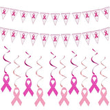 Breast Cancer Awareness Decorations Set,Glitter Pink Ribbon Hanging Swirls with Pink Ribbon Pennant Banners for Breast Cancer Free Support Party Decor Supplies